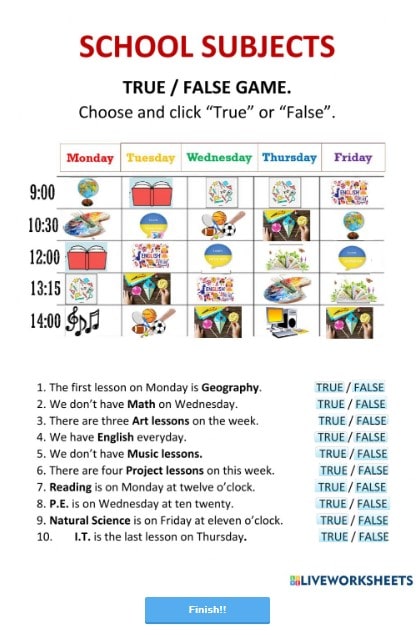 School Subjects - Reading T/F worksheet by Olushka_O